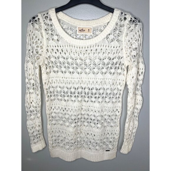 Hollister Women Wool Cream Long Sleeve Crochet Knit Sweater Medium - Picture 3 of 11